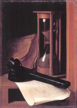 Gerrit Dou : Still Life with Hourglass, Pencase, and Print